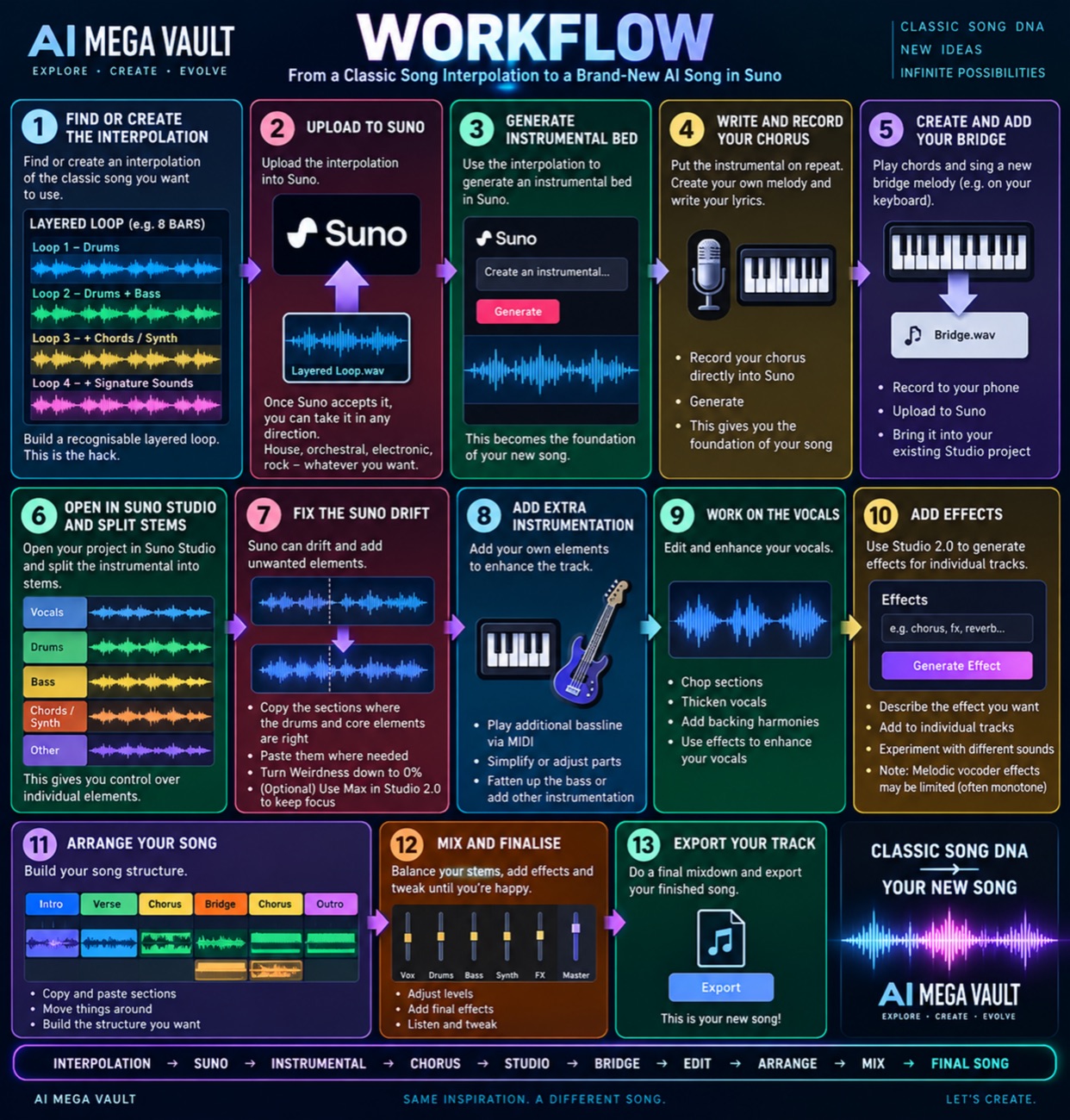Preview of the AI Mega Vault Workflow poster — 13 steps from a classic song interpolation to a brand-new AI song in Suno