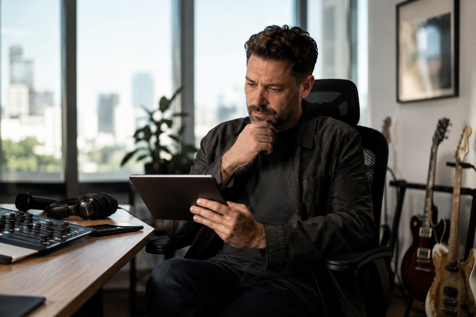 A music industry professional reviewing something thoughtfully on a tablet in a bright studio, illustrating the AI music-labeling story