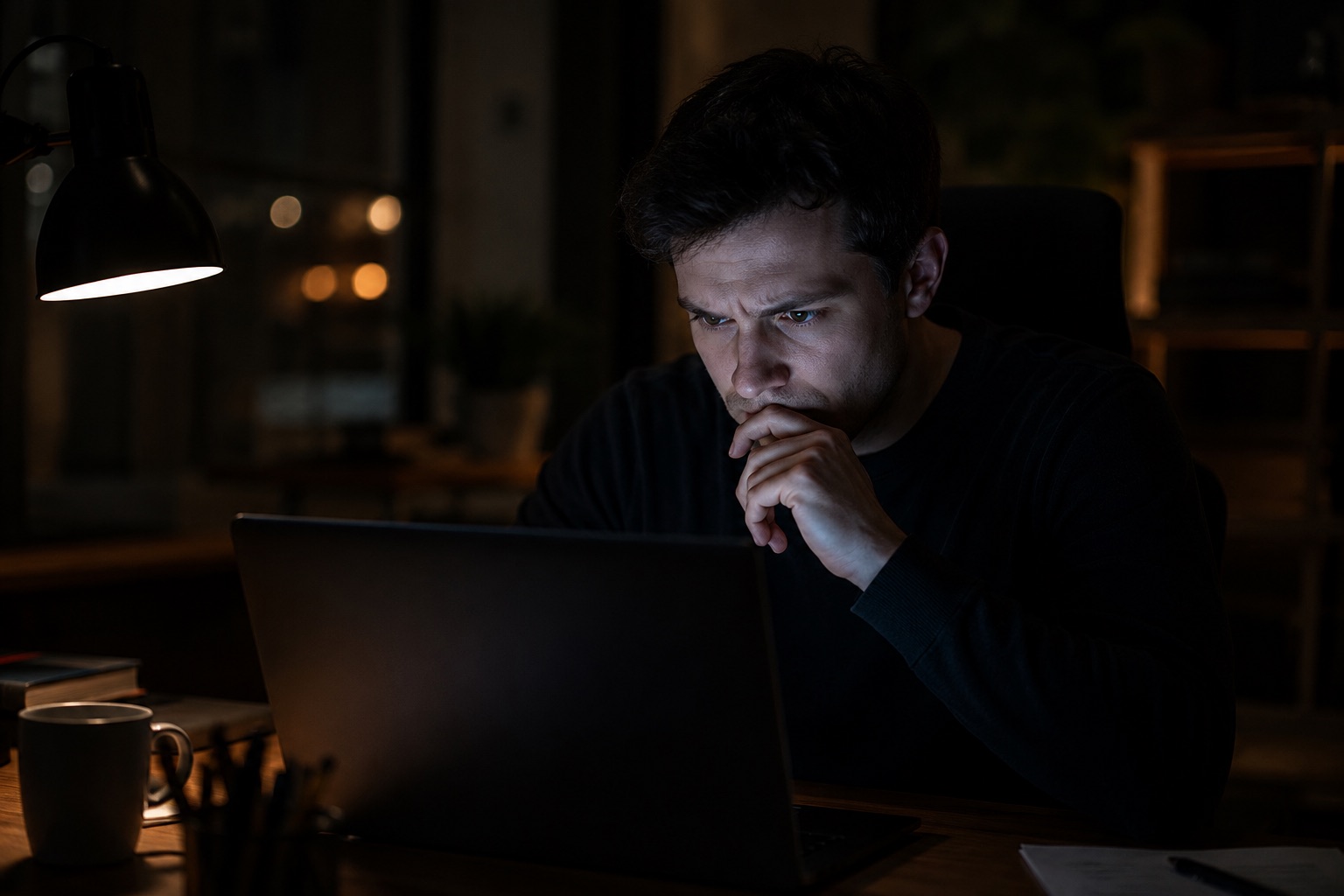 A person sitting alone at a laptop late at night, illustrating the Suno data breach story