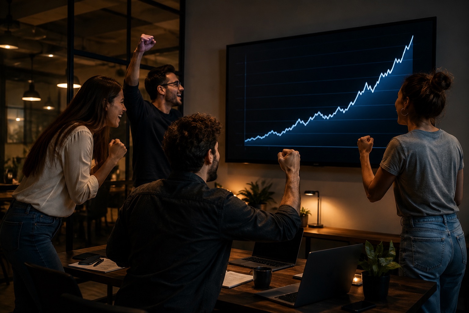 A team of entrepreneurs celebrating in front of a screen showing an upward-trending growth chart, illustrating the Suno funding and valuation story