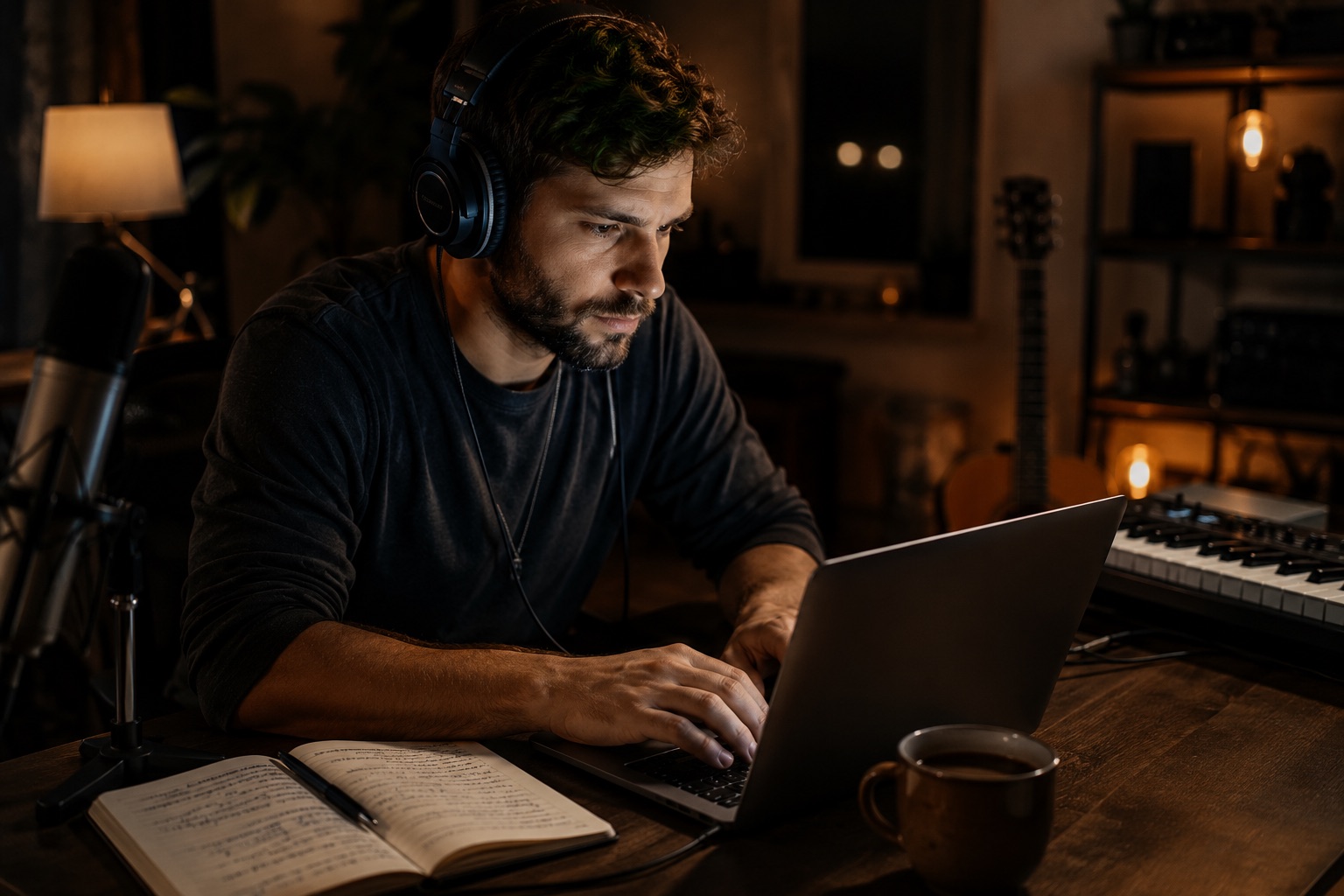 A songwriter at a laptop late at night with a handwritten lyrics notebook beside him, illustrating the Suno lyrics editor story