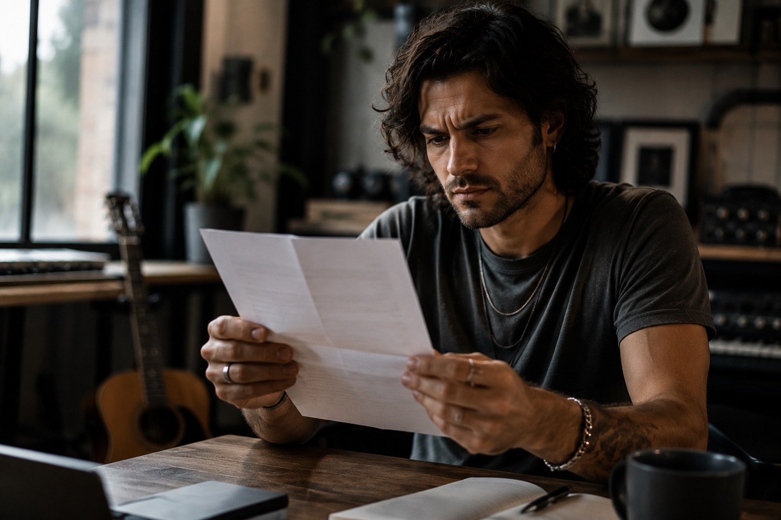 A musician reading a printed contract with a skeptical expression, illustrating the Suno Spark fine-print story