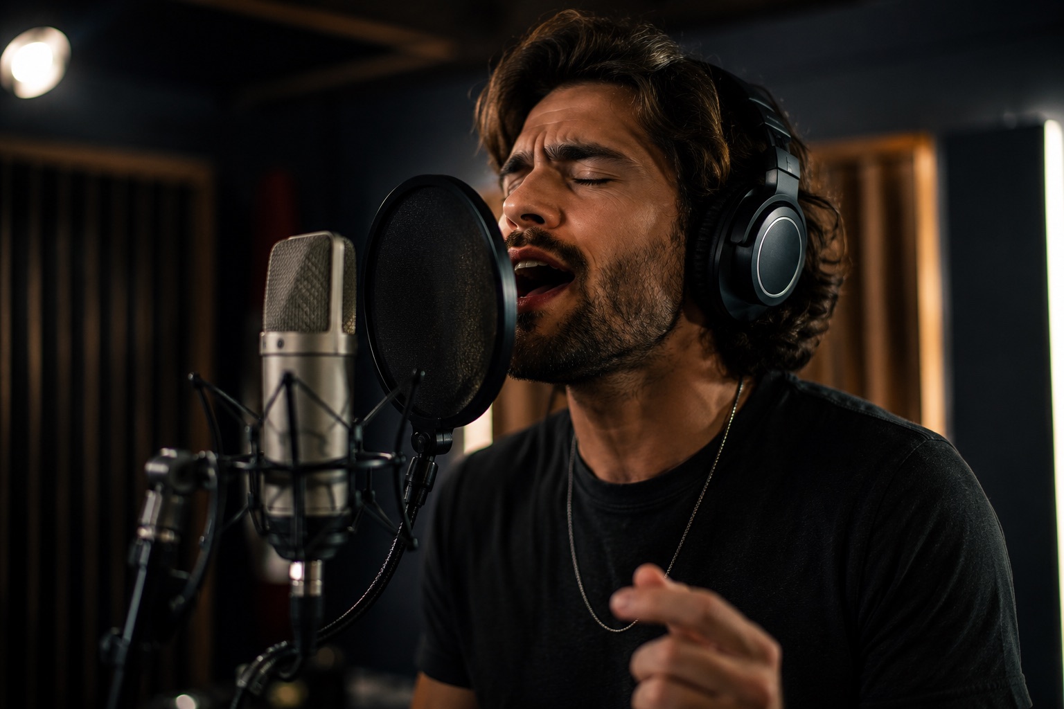 A vocalist singing passionately into a studio microphone with headphones on, illustrating the Suno v5.5 Voices story